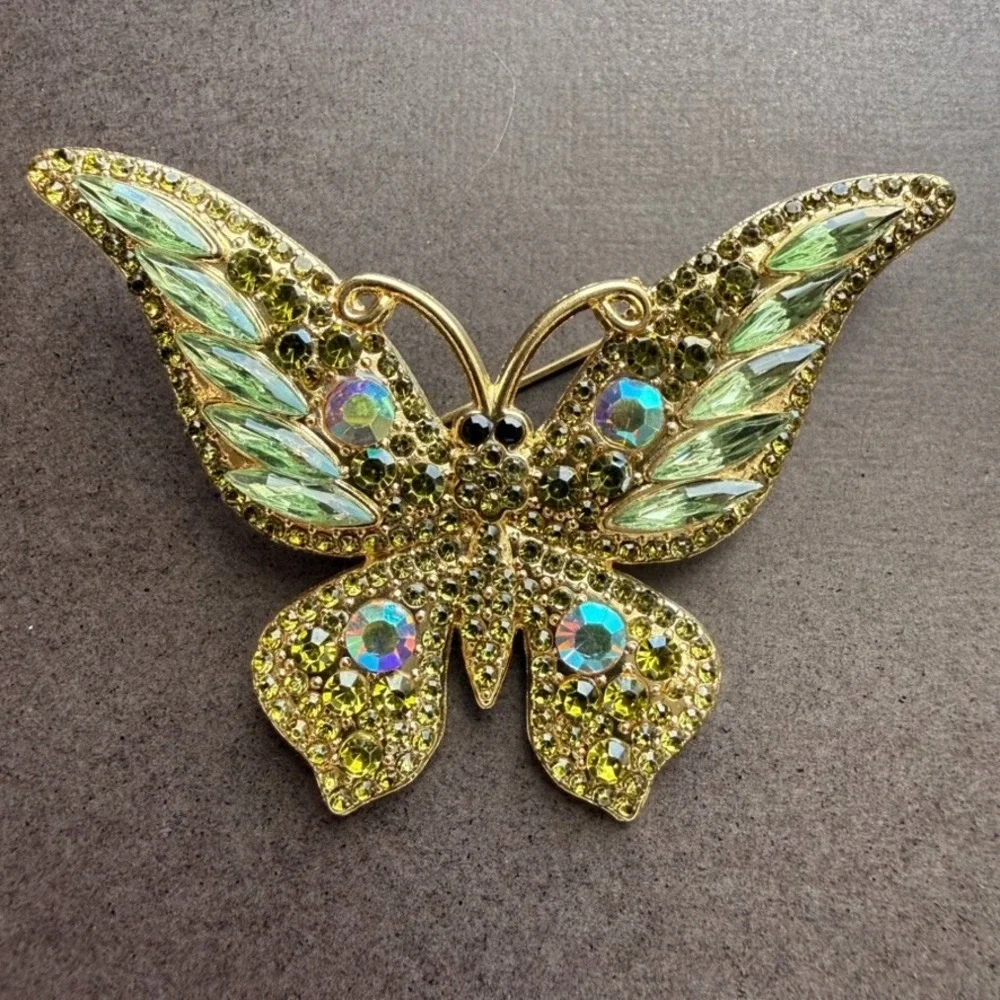 Green Butterfly Brooch Rhinestone Iridescent Gold Tone Jeweled Statement Pin